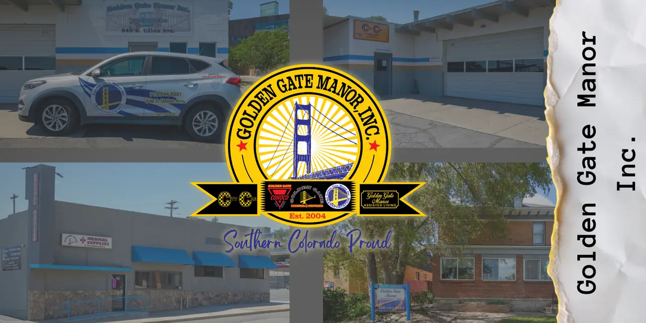 Golden Gate Manor Inc. 4 photos, top left NEMT vehicle, top right entrance to City Cab, bottom left Medical Supply Storefront, and bottom right Assisted living Facility