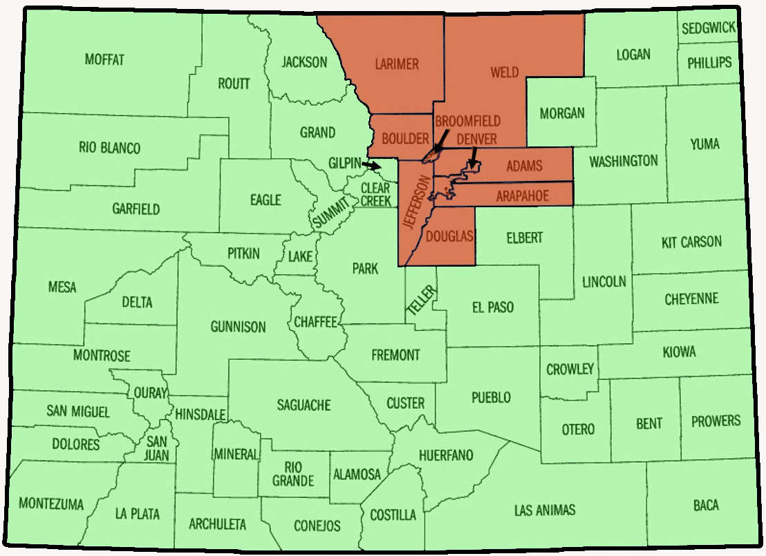 Map of Colorado Counties serviceable area that includes all of Colorado excluding: Boulder, Larimer, Weld, Broomfield, Denver, Adams, Jefferson, Douglas, and Arapahoe counties